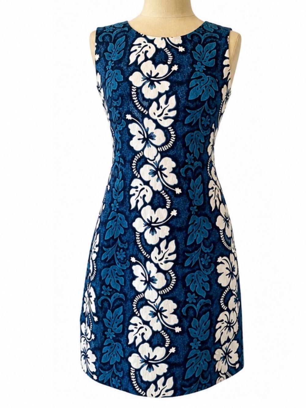 KY'S Made in Hawaii Women's A-Line Dress Blue White Tropical Hibiscus Floral